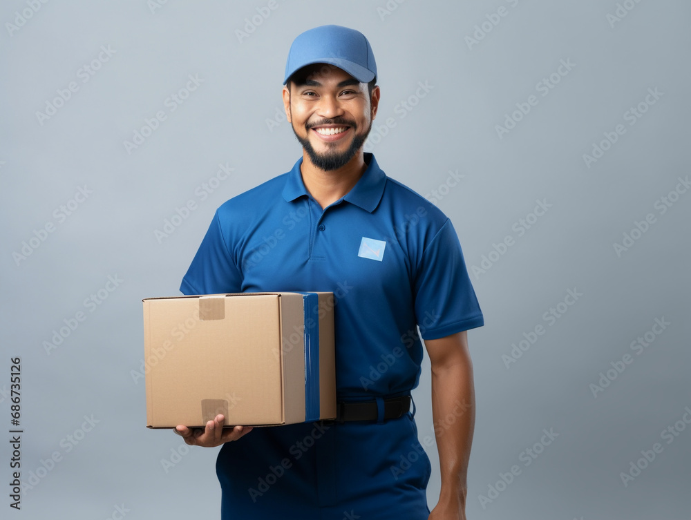 Smiling Express Courier Holding Cardboard Box for Delivery Smiling Express Courier Holding Cardboard Box for Delivery