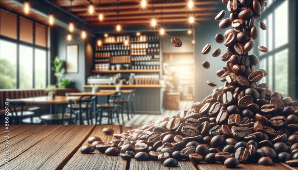 Artistic Coffee Beans Pouring in Modern Cafe Interior