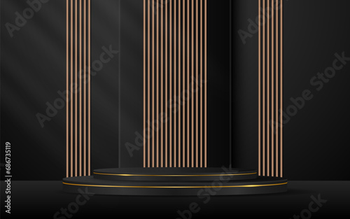 Black podium with elegant golden lines with brown slatted backdrop for advertisement display. Display of cosmetic products. stage or podium. vector illustration	