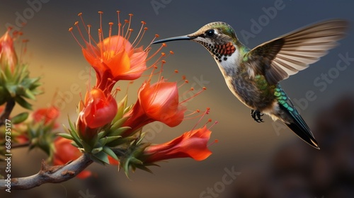 A mesmerizing hummingbird feeding on nectar from a desert blossom, a tiny jewel in the arid landscape.