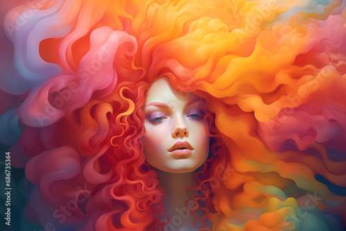 Gorgeous woman with fuzz colorful hairs, creative illustration