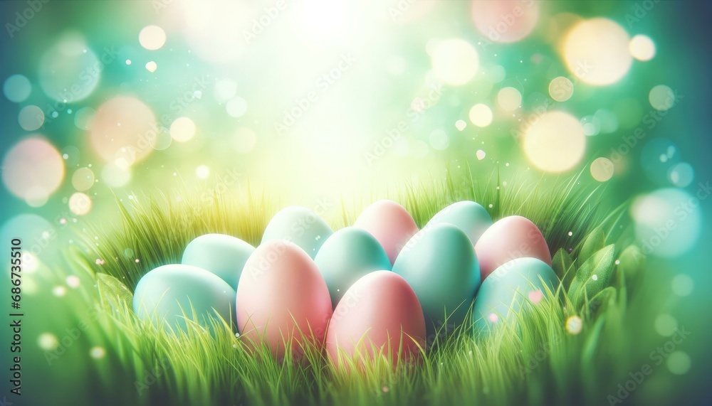 Vibrant Easter Eggs Nestled in Spring Grass with Magical Bokeh Lights