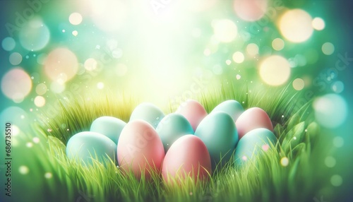 Vibrant Easter Eggs Nestled in Spring Grass with Magical Bokeh Lights