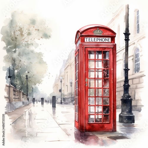 Watercolor red London phone box single white background. AI generate illustration