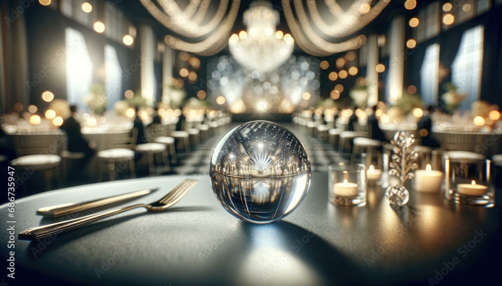 Elegant Banquet Hall with Crystal Ball Centerpiece Elegant Banquet Hall with Crystal Ball Centerpiece