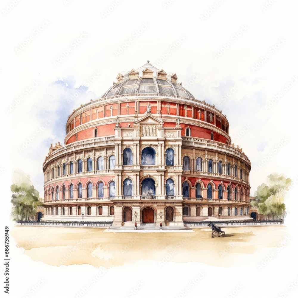 Watercolor Royal Albert Hall single white background. AI generate illustration