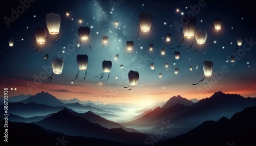Enchanting Sky Lanterns Over Mountainous Landscape at Twilight photo