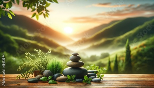 Tranquil Zen Garden at Sunrise with Mountain View