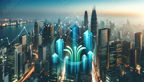 Futuristic Smart City Skyline with Digital Network Overlay