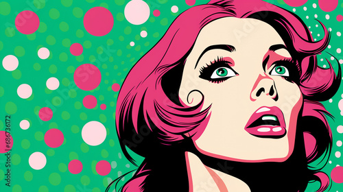 Pop Art's Enchanting Fusion in Pink & Green, Celebrating the Captivating Aura of a Digital Dream Girl