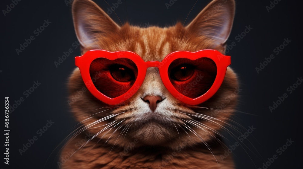 ginger cat close-up wearing red heart-shaped glasses