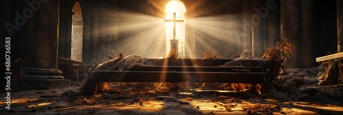 Foto An altar with a cross brightly illuminated by the sun and the Holy Bible