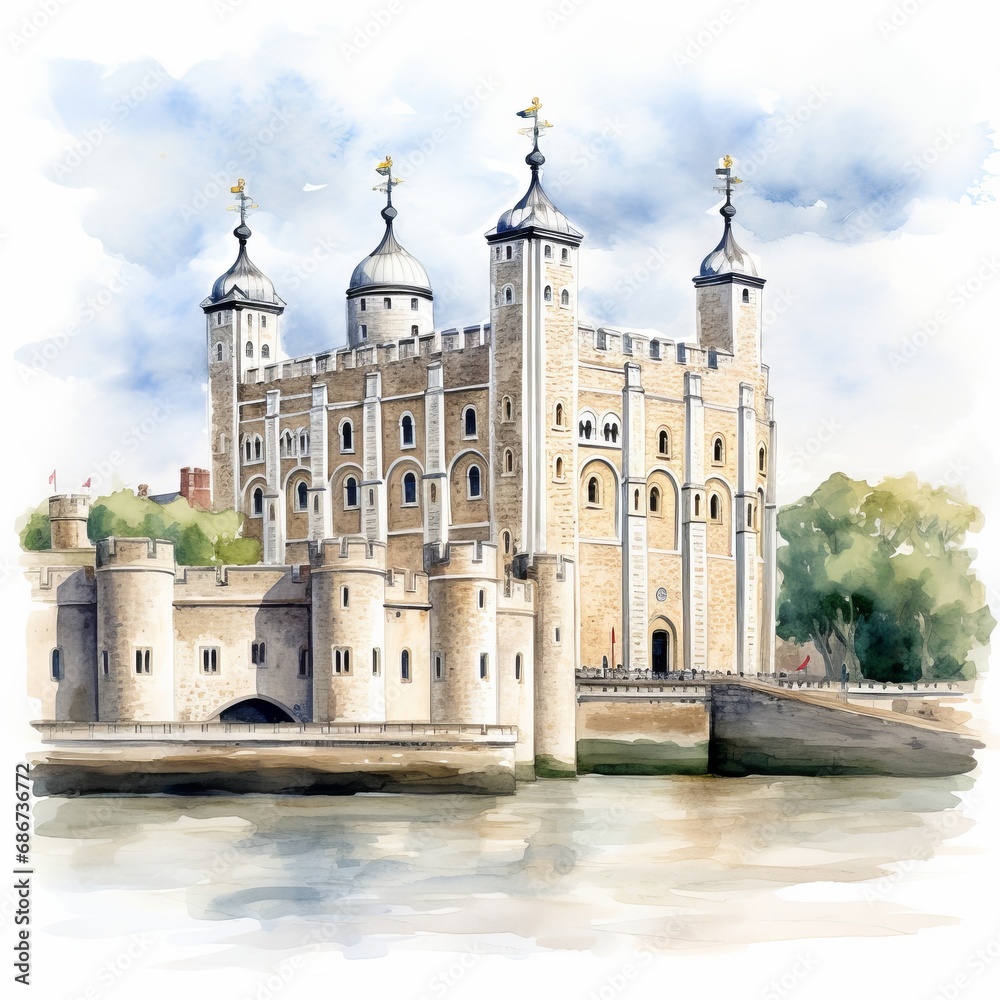 Watercolor Tower of London single white background. AI generate illustration