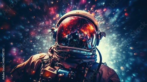 banner, one astronaut in outer space. portrait. concept space, future, space.