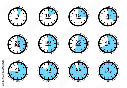 Timer, clock, сountdown timer icons set. Label cooking time. Alarm clock vector symbols.
