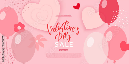A banner for Valentine's Day. Balloons, confetti, hearts, flowers.Vector. © Aina Bordo