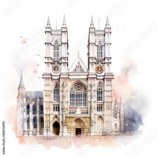 Watercolor Westminster Abbey single white background. AI generate illustration