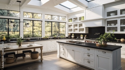 a stylish urban kitchen with black granite countertops, white cabinets, and large windows that fill the space with natural light.