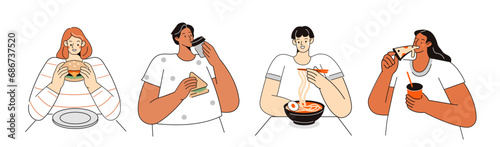 People in restaurant cartoon illustration. Collection of characters eating pizza, noodles, burger, sandwich and other fast food or finger food. Vector illustrations set.
