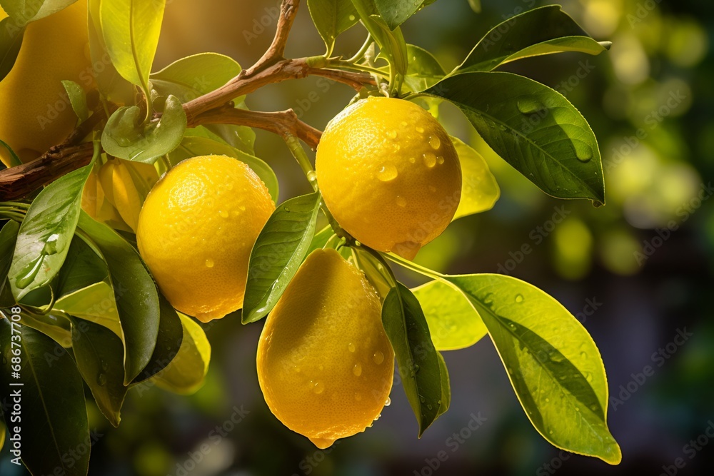 Lemons growing in a sunny garden on a coast, aesthetic look