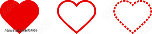 Red Heart icon.Line heart shape.Simple dotted heart icon.Vector set of love symbols.Red hearts collection isolated on transparent background.