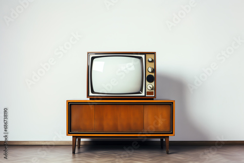 a television on a wooden cabinet