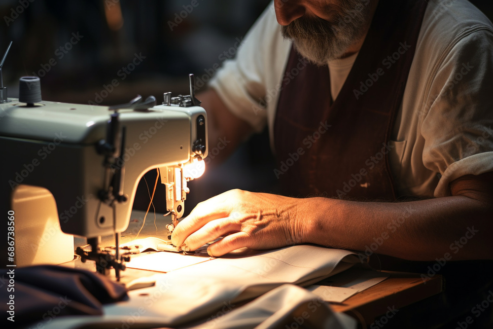 Close-up of a tailor working on a sewing machine in his workshop - obrazy, fototapety, plakaty 