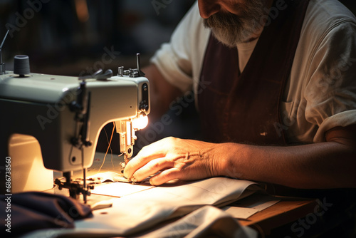 Close-up of a tailor working on a sewing machine in his workshop