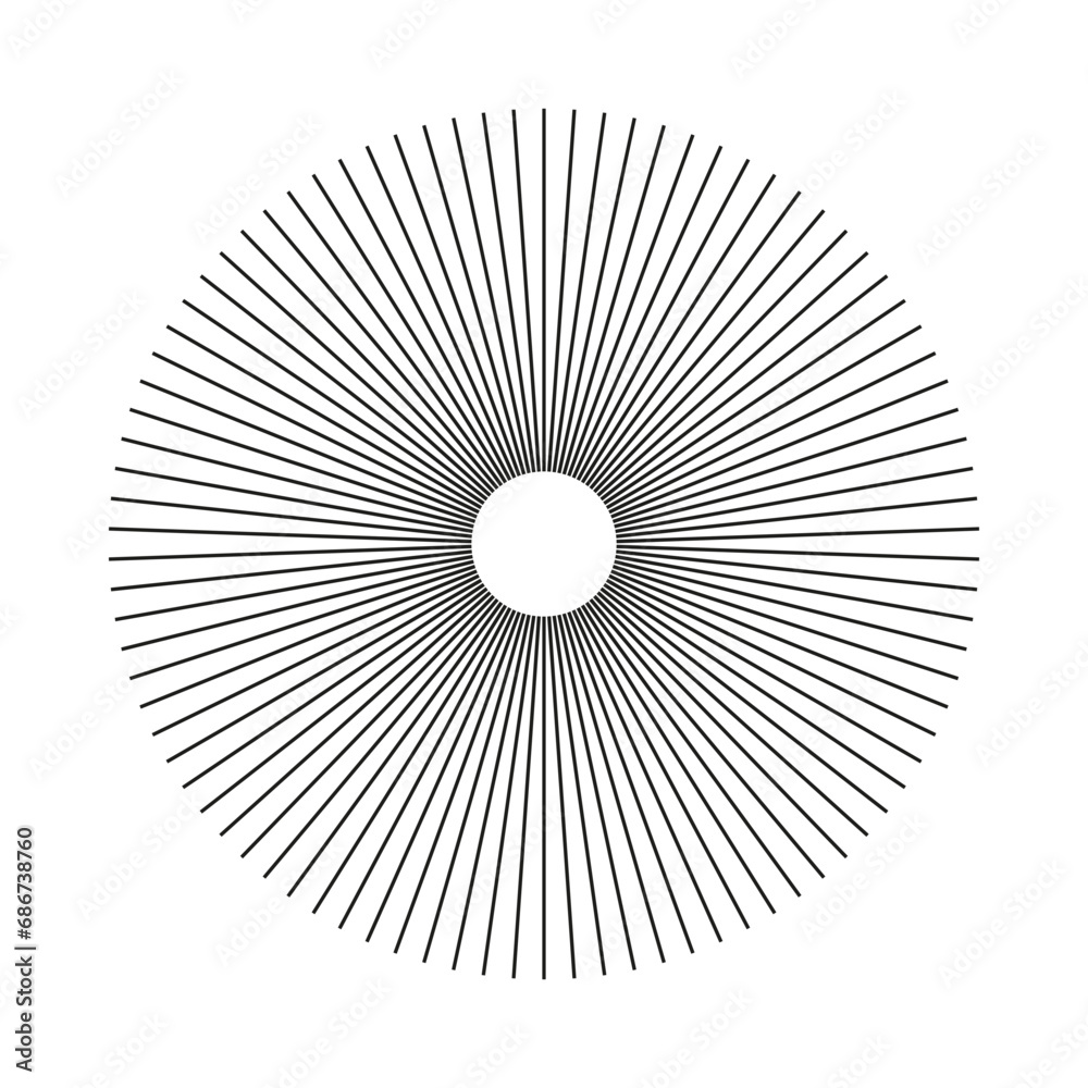 Circular lines. Geometric abstract object. Starburst shape. Sun star rays symbol. Radial, merging lines. Rays, beams element.Vector template isolated on white background.