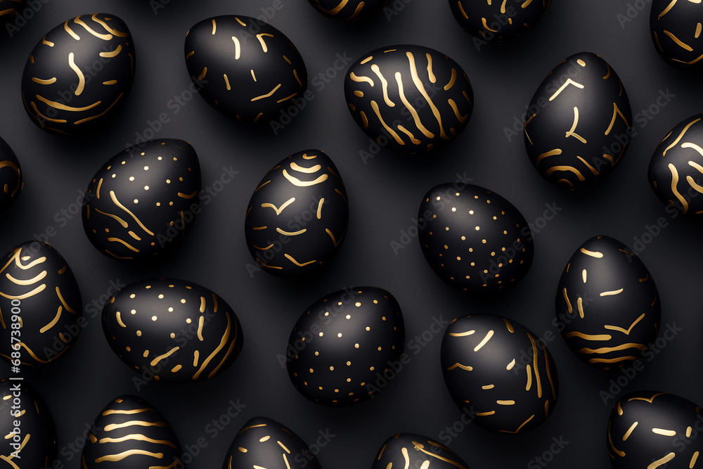 Black and gold painted Easter eggs decor. Modern Easter eggs on black background for trendy web design or banner.
