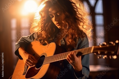Pretty girl playing music on guitar. Positive lady enjoying music