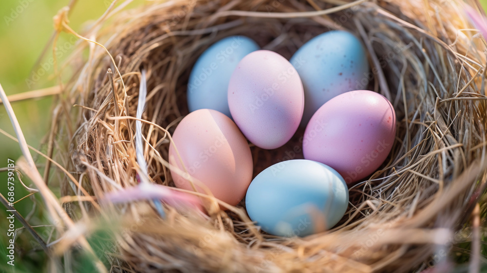 A nest of dry hay with pastel colorful Easter eggs, lying in the green grass. Natural Easter decoration. A nest of dry hay with pastel colorful Easter eggs, lying in the green grass. Natural Easter decoration.