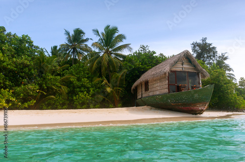 Boat transformed into a Sun Shelter for Tourists Visiting the Island - Republic of Maldives