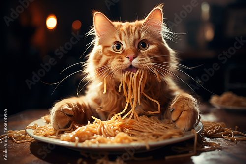 red-haired cat with a mouthful of spaghetti on a wooden table