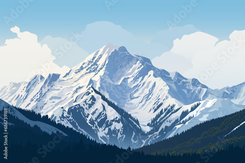 Amazing landscape of large snow-capped mountains and forests at the foot. Beautiful peaks of huge mountain ranges against a backdrop of trees and stunning clouds. Realistic vector illustration.