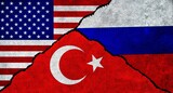 USA, Russia and Turkey flag together on a textured wall. Relations between Russia, Turkey and United States of America
