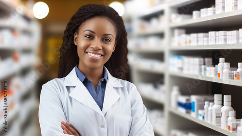 Cheerful Pharmacist in White Coat Behind Counter