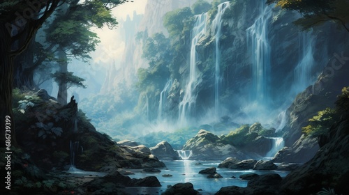 a tranquil waterfall, with the water's cascading spray transitioning from misty white to cool cerulean.