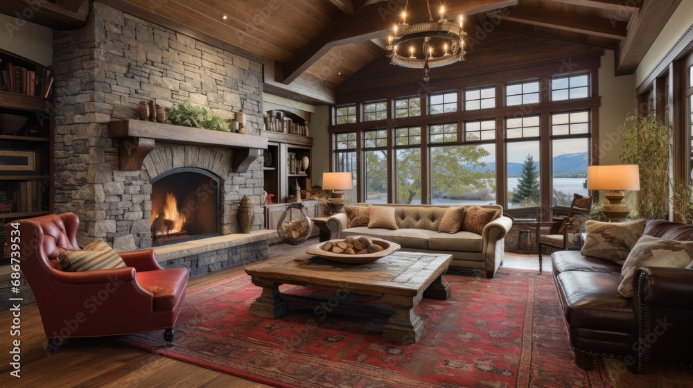A warm living room with a large stone fireplace A warm living room with a large stone fireplace