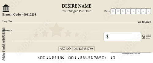 A blank Checkbook on a Soft Yellow Background, A Bank Check Page With Fake Information, a cheque template