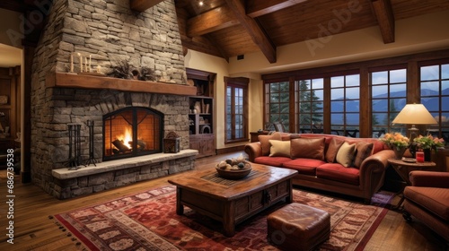 A warm living room with a large stone fireplace