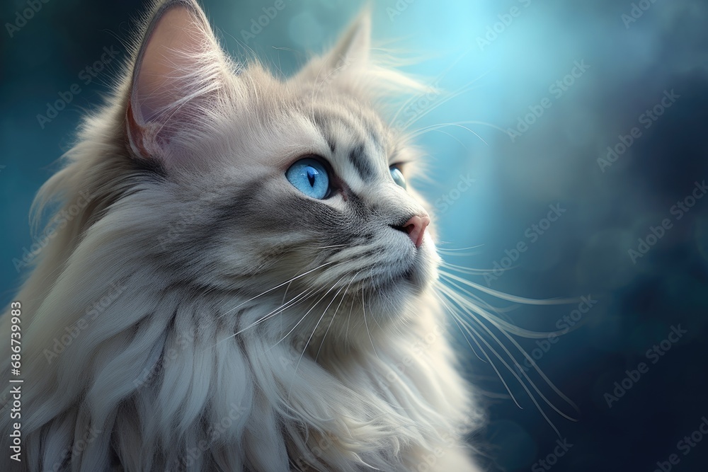 Beautiful white cat with blue eyes on the background of stars.