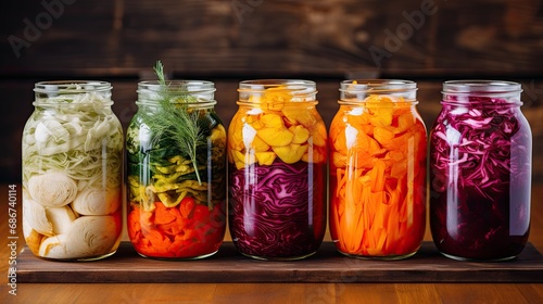 Homemade fermented vegetables in glass jars on a wooden background. Selective focus.