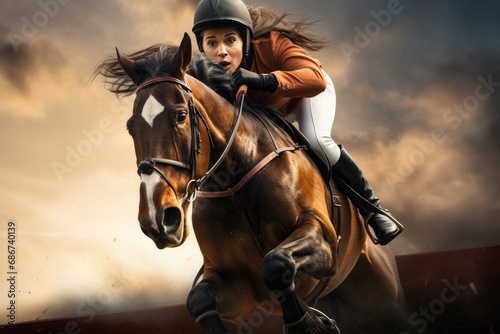 Young female jockey on horse leaping over hurdle photo