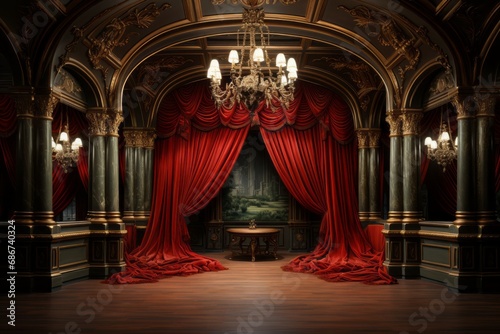 In this sumptuous room, red velvet curtains, golden embellishments, and the soft glow of candles come together to evoke a sense of luxurious sophistication.