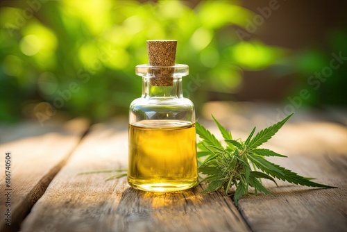 Cannabis oil in a glass hemp leaves on the background