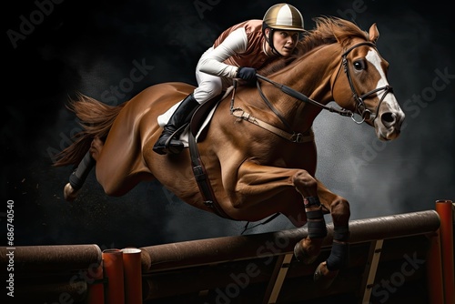 Young female jockey on horse leaping over hurdle © FryArt Studio