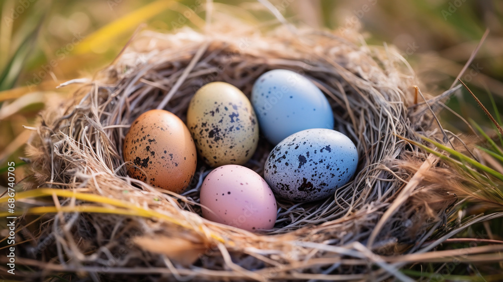 A nest of dry hay with pastel colorful Easter eggs, lying in the green grass. Natural Easter decoration. A nest of dry hay with pastel colorful Easter eggs, lying in the green grass. Natural Easter decoration.