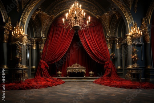 A room exuding luxury features red velvet curtains, golden accents, and the gentle illumination of candles, combining to create a lavish and inviting environment.