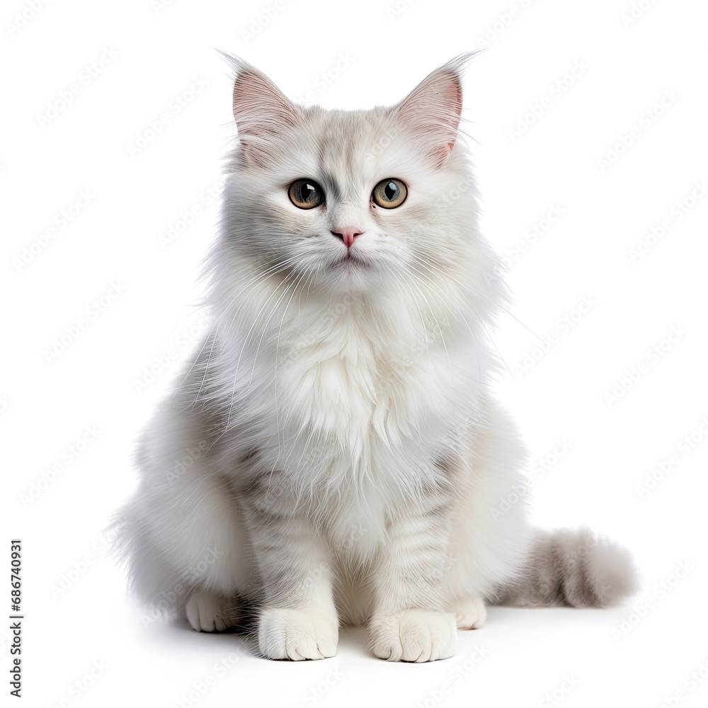 long-haired persian cat in front of white background